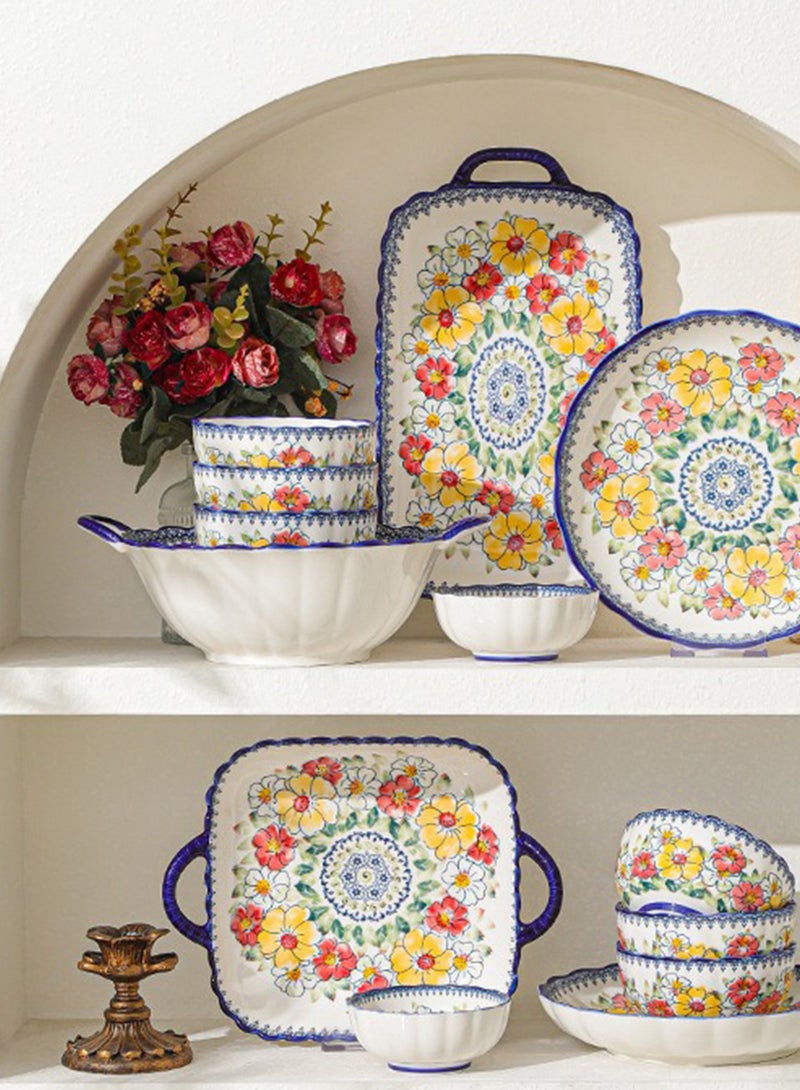 طقم عشاء من ١٤ قطعة، طقم هدايا، أدوات مائدة سيراميك كلاسيكية أنيقة، آمنة للاستخدام في غسالة الصحون والميكروويف، زهرة صفراء حمراء - Image 2